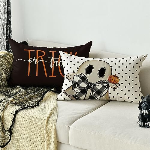 AVOIN colorlife Happy Halloween Cute Ghost Trick or Treat Throw Pillow Covers, 12 x 20 Inch Polka Dot Pumpkin Bat Cushion Case for Sofa Couch Set of 4 Black