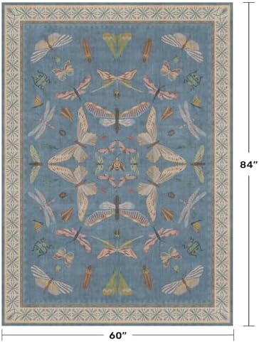 Hazo Haus 6x9 Blue Floral Rug for Dining Room Table - Area Rugs for Living Room, Bedroom, Insect Moth Art Nouveau