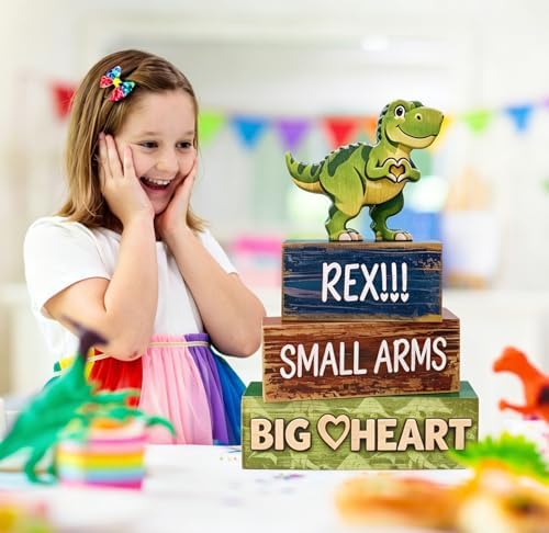 4 Pcs Dinosaur Tiered Tray Decor, Wooden T-Rex Table Decorations, Cute Dinosaur Party Centerpieces for Boys & Girls Birthday, Baby Shower, Nursery, Jungle Theme Home Decor