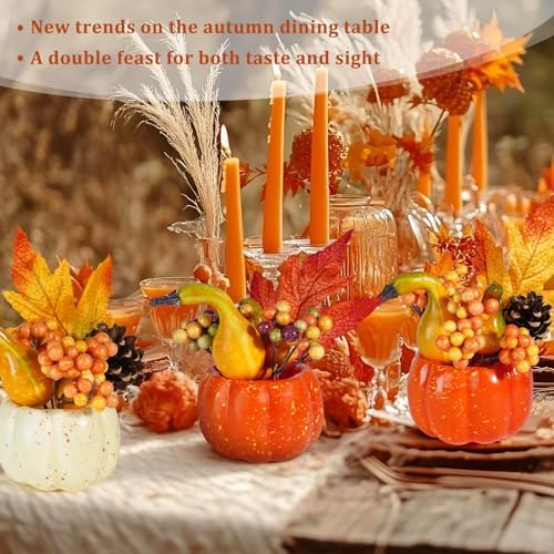 Artmag Set of 6 Artificial Pumpkins Decorations, Decorative Orange Pumpkin with Maple Berry Acorn Pine Cone Vegetables for Fall Thanksgiving Harvest Party Decoration