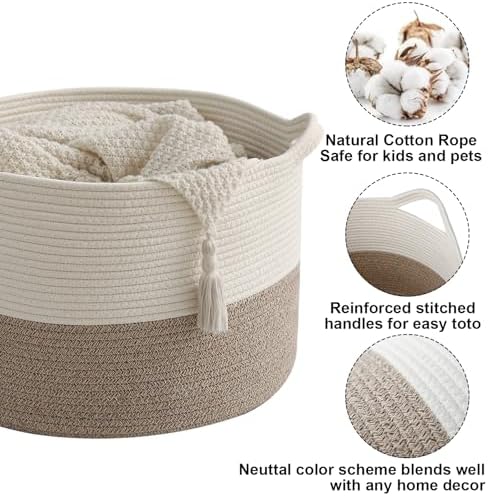 90L Woven Blanket Basket,Extra Large Laundry Basket-White & Brown