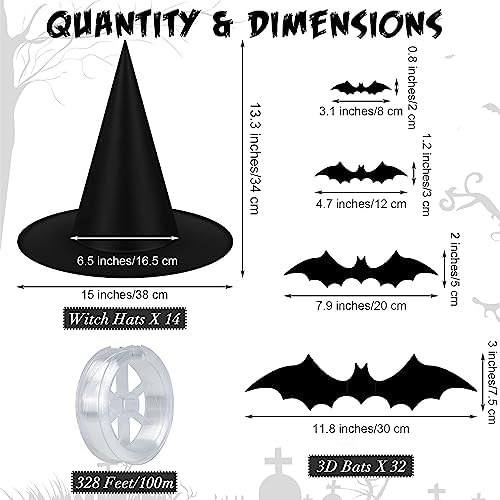 14 Pieces Halloween Black Witch Hats with 32 Pieces 3D Bats Sticker Wall Decor and 328 Feet Hanging Rope Witch Hat Decoration Cosplay Costume Accessory Caps Halloween Fancy Caps Yard Decor