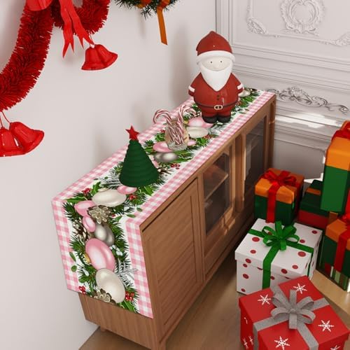 Jiudungs Pink Christmas Table Runner, Xmas Holiday Decorations for Home
