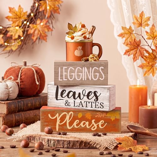 Lineshading 4 Pcs Fall Table Decor, Leaves Lattes Coffee Wooden Blocks Sign