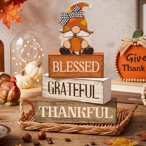Lineshading 4 Pcs Fall Gnome Block Signs Thanksgiving Tiered Tray Decor