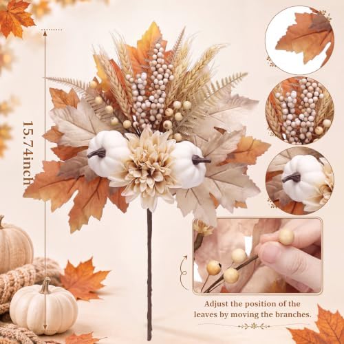 Yinder 4 Pcs Fall Artificial Pumpkin Flower Stems, Brown Maple Leaf Picks