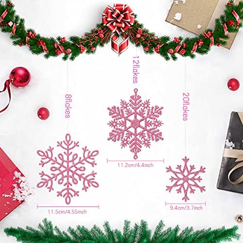 Whaline 40Pcs Pink Glitter Snowflake Winter Snowflake Ornaments Christmas Hanging Decorations with 197 Inches Silver Rope for Wedding Birthday Home Xmas Tree Window Door Accessories