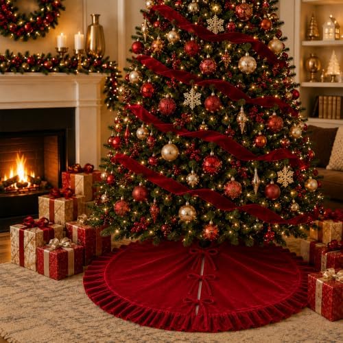 Velvet Christmas Tree Skirt Red 48 inch Ruffled Holiday Tree Skirt for Rustic Xmas Tree Decoration