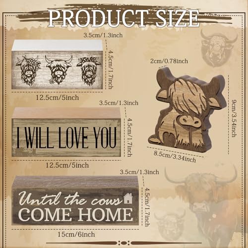 Moucuny 4 Pcs Highland Cow Table Decorations Cow Wooden Signs