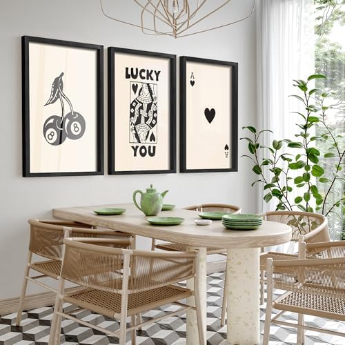 Heiple Framed Set of 3 Poker Wall Art Lucky You Poster, Trendy Retro Wall Art for Queen of Hearts Wall Art Rustic