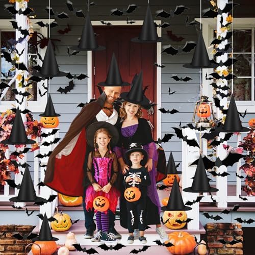 Famoby 12pcs Halloween Black Witch Hat with 157 FT Nylon Cord &120pcs Bat Sticker for Indoor Outdoor Home Yard Porch Ceiling Halloween Party Decorations