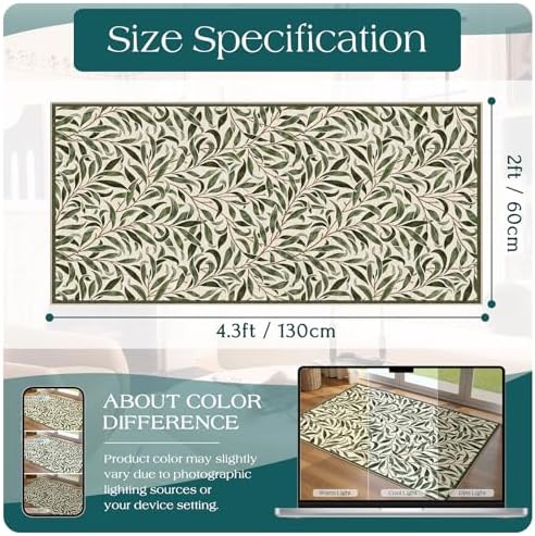 Front Door Mat Indoor Entrance - 2x4.3 Sage Green Leaf Runner Rug