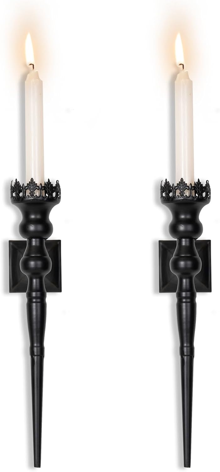 Gothic Wall Sconce Candle Holder for Taper Candles (Set of 2) Black Iron Crown and Scepter Design Victorian Wall Decor