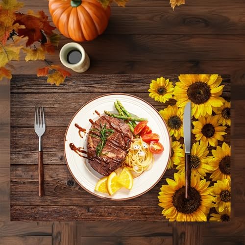 Sunflowers Wooden Placemats Set of 6,Washable Heat Resistant 12×18 Inch Linen Table Mats,Place Mats for Party Outdoor Dining Decor