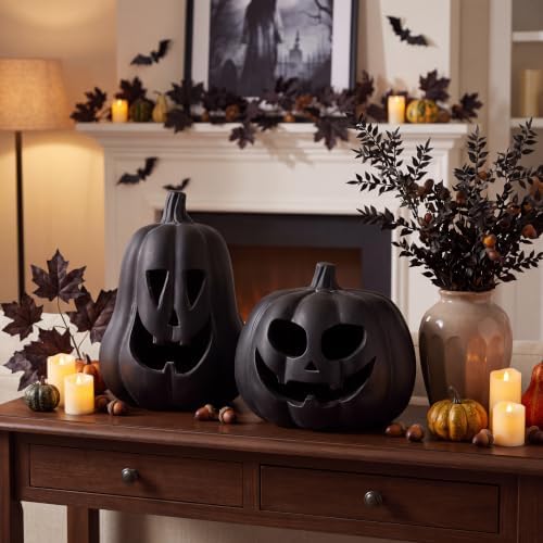 Tioncy Halloween Decor Terracotta Jack O Lantern Pumpkin Decor,Black