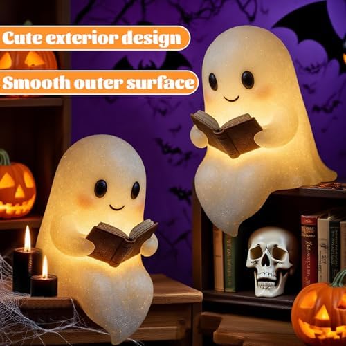 Halloween Ghost Figurine, Spooky & Cute Reading Ghost Statue for Bedroom, Desk, Party Decor, Book Lovers Gifts, Funny Light Up Ghost Halloween Decor Indoor (5 in)