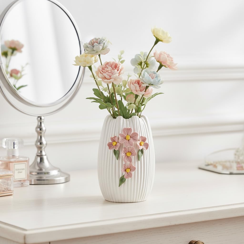 White Ceramic Flower Vase / White and Pink / 7 Inch