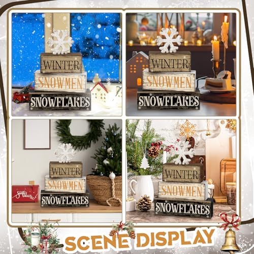 Moucuny 4 Pcs Wooden Block Signs Winter Tiered Tray Decor Farmhouse