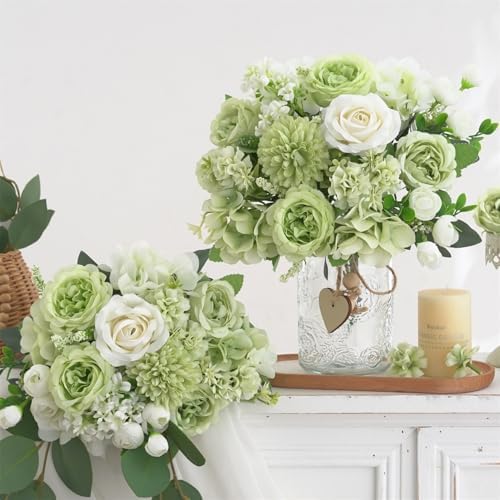 4 Pcs Mixed Artificial Peony Flowers Set-2 Bouquets & 2 Stems, Green Fake Peony Rose Hydrangea Flower for Vase Silk Floral Arrangements for Table Centerpiece Wedding Party Bridal Decoration Home Decor