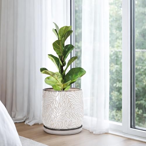 D'vine Dev Embossed Leaves Ceramic Planter, 8 in, Smoked White, 27-A-Q-1