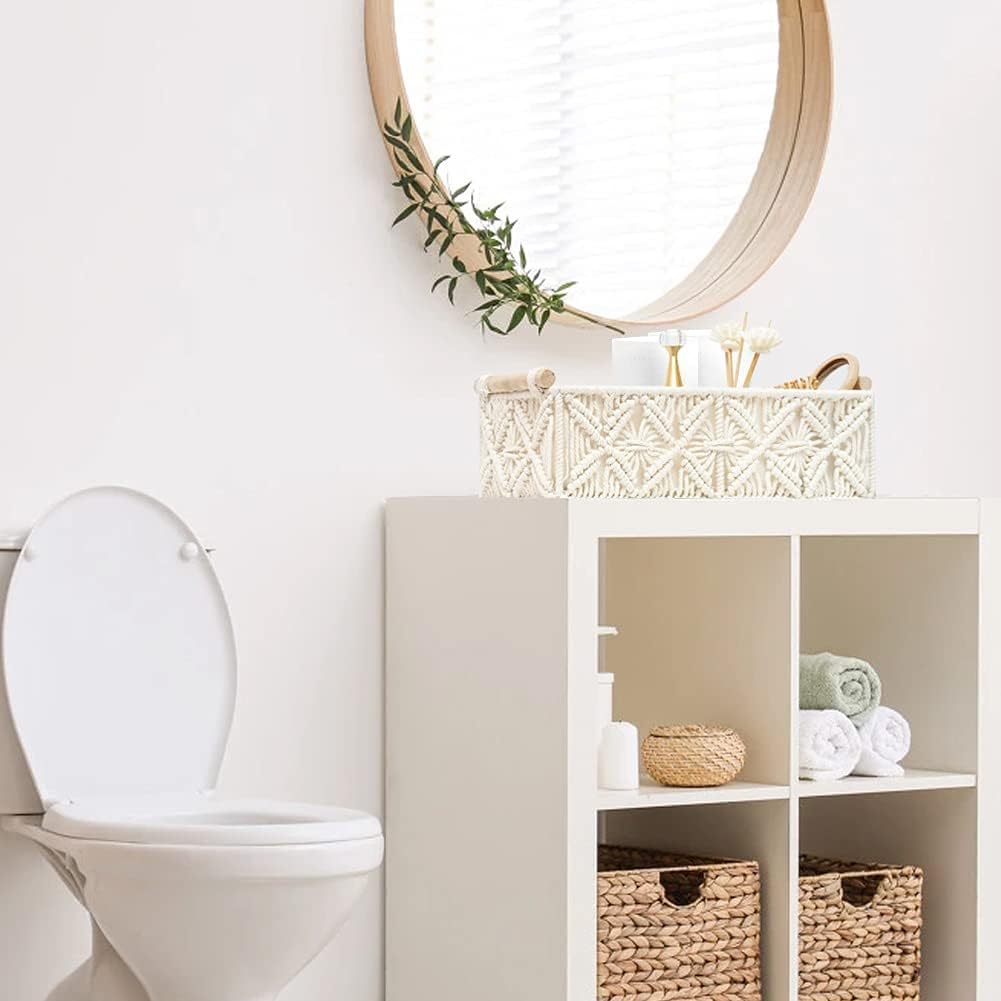 Macrame Storage Basket Boho Decor Baskets for Organizing Woven Decorative for Countertop / White