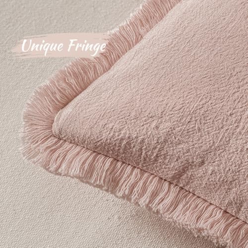 MIULEE Boho Linen Fringe Decorative Throw Pillow Covers Light Pink 18x18