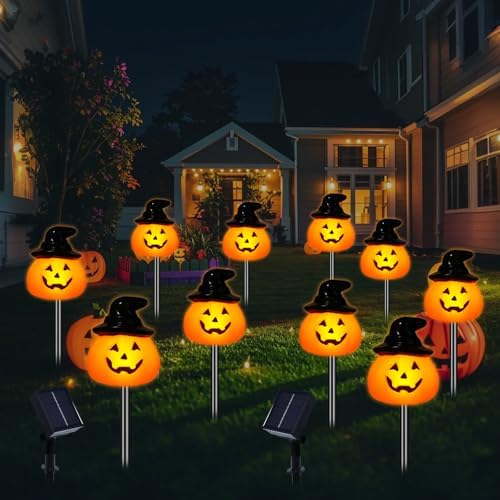 BRIGHTDECK Halloween Solar Pathway Lights Outdoor, LED Decor, Light Up Solar Stake Lights for Holiday, Halloween, Walkway, Sidewalk (Hat Pumpkin, 20-Pack)