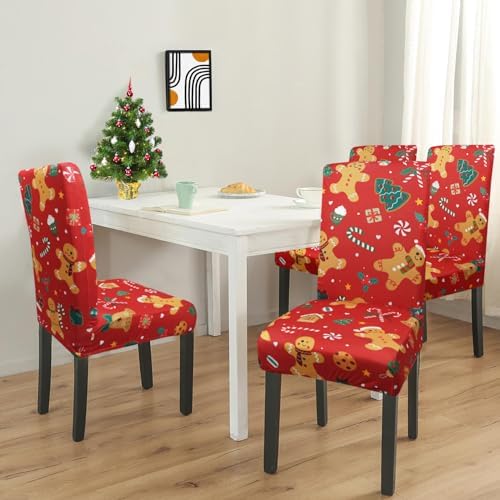 Red Christmas Chair Covers Set of 4,Winter Gingerbread Christmas Tree Snowflake Chair Protectors,Elastic Removable Washable Dining Chair Covers for Winter Christmas Kitchen Dining Room Holiday Decor