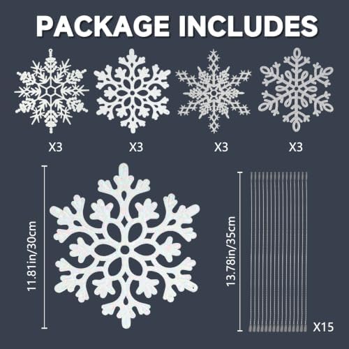 12pcs Large Christmas Snowflakes Decorations, 12" Big Plastic Glitter White Sliver Snowflake Ornaments for Winter Indoor Outdoor Christmas Tree Holiday Window Room Decor Craft Snowflakes