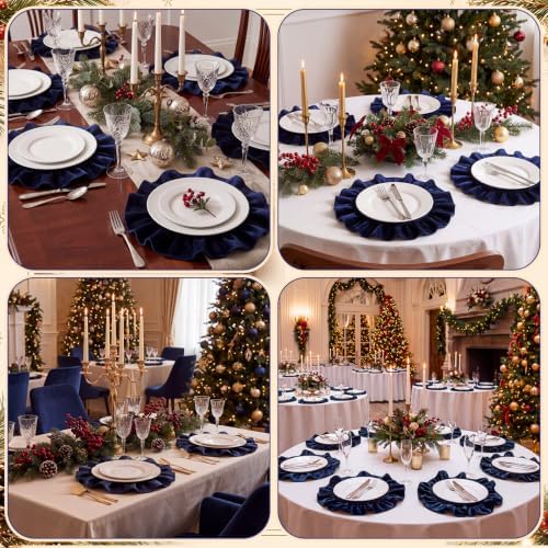 FoldTier 6 Pcs Christmas Navy Blue Velvet Placemat Round Ruffles Placemat