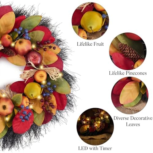 Valery Madelyn 24'' Collapsible Pre-Lit Fruits Fall Wreath for Front Door
