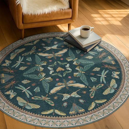 Teal Boho 4ft Round Area Rug, Washable Non Slip Insect & Floral Carpet for Entryway, Living Room & Kitchen, Soft Low