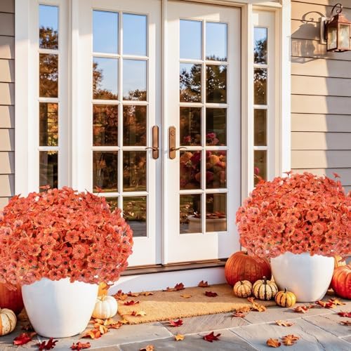 Powbrace 22 Pack Artificial Fall Flowers Mums for Outdoor Indoor(Orange)