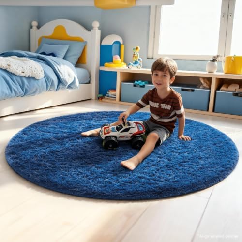 Ophanie Round Rug 5Ft Blue Circle Area Rug, Boys Room Decor, Fluffy Fuzzy Bedroom Carpet, Plush Soft Shaggy Living Room