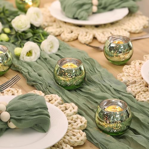 Volens 24PCS Green Votive Candle Holder Bulk, Round Mercury Glass Votives