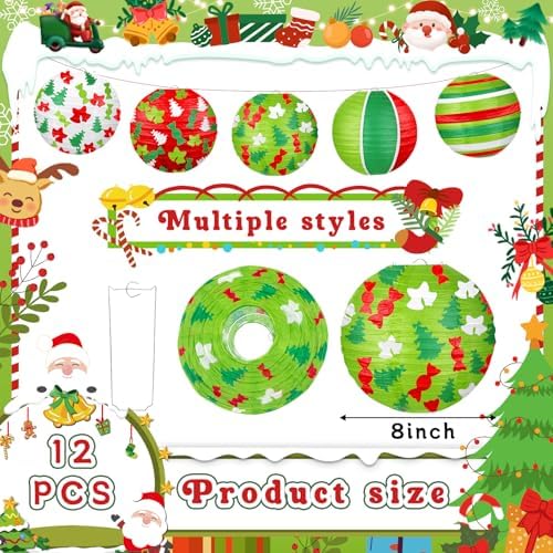 Christmas Paper Lanterns, 12 PCS Christmas Hanging Paper Lanterns Indoor Outdoor, Red Green and White Xmas Tree Candy Bell Lantern for Christmas Party Decorations Home Holiday Decor