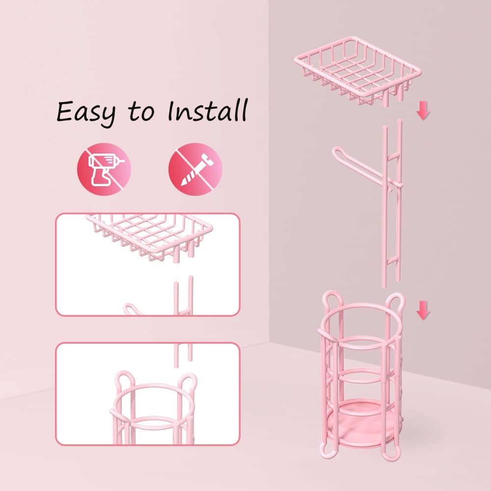 Pink Toilet Paper Holder Stand Tissue Holder for Bathroom Floor Standing Toilet Roll Dispenser Storage 4 Reserve Mega