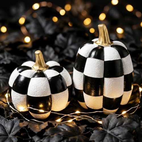 Black and White Checkered Pumpkins with Gold Stem for Halloween Decor