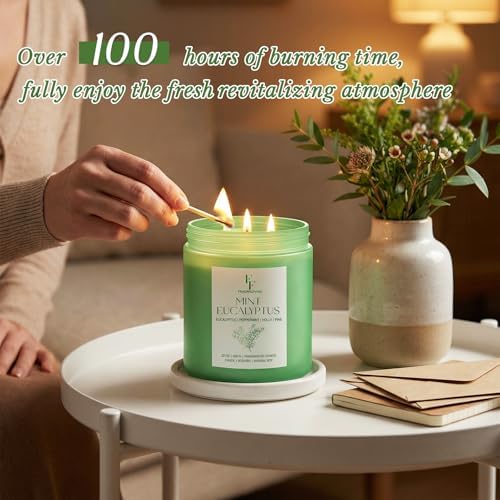 Mint Eucalyptus Large Scented Candle, 3-Wick 22oz Long Lasting Scented Candle, Natural Soy Wax Aromatherapy Candle for