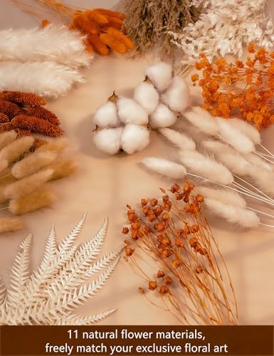 xin's convey DIY Natural Preserved Flower Kit Wholesale Preserved Flowers for Vases Stemmed Preserved Flowers Preserved Roses Mini Preserved Cotton Bouquets Fern Leaves Autumn Dried Flowers(Orange)
