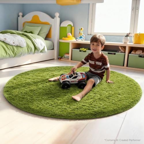 Ophanie Round Rug 5Ft Green Circle Area Rug, Green Room Decor, Fluffy Fuzzy Bedroom Carpet, Plush Soft Shaggy Living