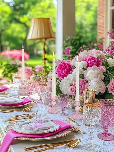 Pink Glass Candlestick Holders, Taper Candle Holders, Set of 6