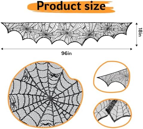 Halloween Mantle Scarf Fireplace Cover 18 x 96 inch Black Lace Cobweb Fireplace Mantle Scarf Cover for Halloween Decorations Festive Party Supplies Decor
