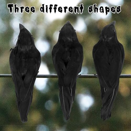 ATDAWN 6 Pack Halloween Birds - Realistic Black Feathered Crows, 7.9" from Beak to Tail Feathers, Halloween Decoration Props for Outdoor & Indoor, Party Supplies, Haunted House, Graveyard Displays