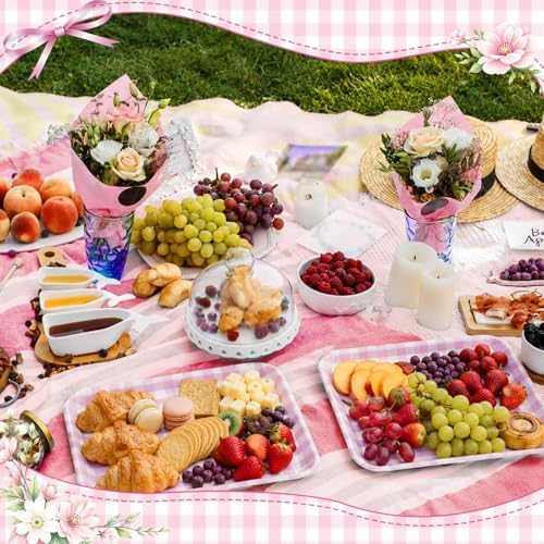 Vesici 3 Pcs Pink Gingham Serving Trays 13 x 10 Inch Plaid Melamine Platter