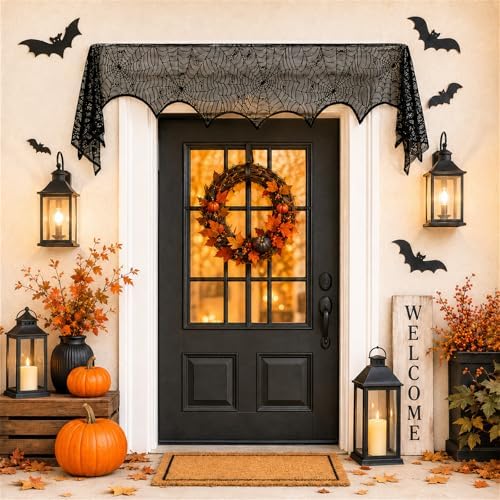 Halloween Fireplace Mantel Scarf,Lace Spiderweb Mantel,18 x 96 Inch