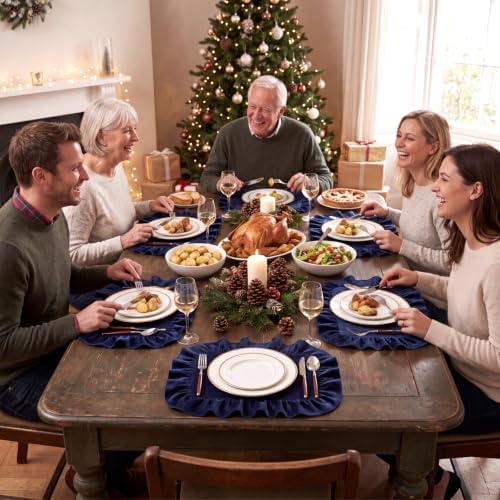 FoldTier 6 Pcs Christmas Navy Blue Velvet Rectangle Placemat with Ruffles