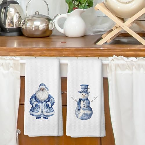 XPH Chinoiserie Christmas Kitchen Dish Towels Set of 2, Santa Gifts for Women, Winter Blue and White Chinoiserie Christmas Santa Claus Snowman Hand Towels Kitchen Tea Towel Decorations, 16x24inch