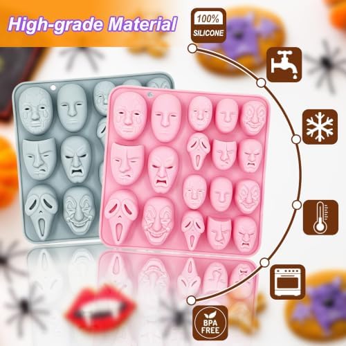2 Pack 3D Ghost Face Silicone Molds 18 Cavity Halloween Themed Baking Mould Tray DIY Baking Tool for Chocolate Cake Dessert Candy Mousse Pastry Cupcake Topper Handmade Soap Crayons Plaster Casting