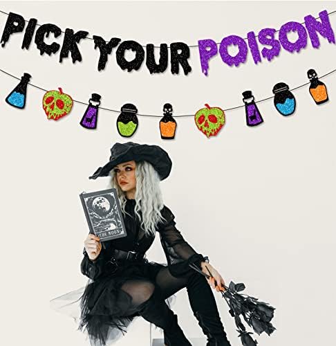 PTFNY Glittery Pick Your Poison Banner Hocus Pocus Decorations Potion Bar Decorations Halloween Party Banner for Haunted Houses Home Halloween Party Decorations Supplies